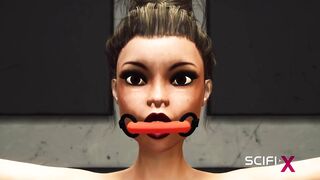 A sexy busty ebony gets fucked by a sci-fi soldier in the sci-fi cell