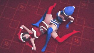 Girls in Christmas costumes rub their pussies and cum