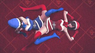 Girls in Christmas costumes rub their pussies and cum