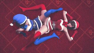 Girls in Christmas costumes rub their pussies and cum