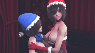 Girls in Christmas costumes masturbate each other's pussies and cum