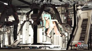 Sex android plays with a sexy busty hottie in restraints in a spacecraft