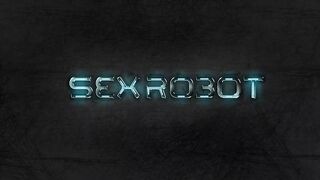 Sex android plays with a sexy busty hottie in restraints in a spacecraft