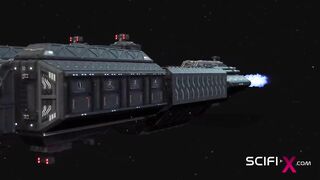 Sex android plays with a sexy busty hottie in restraints in a spacecraft