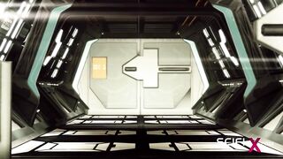 Sex android plays with a sexy busty hottie in restraints in a spacecraft