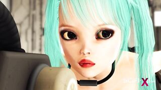 Sex android plays with a sexy busty hottie in restraints in a spacecraft