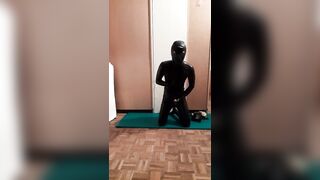 Transgirl with 3 Breathplay masks jerks off in Full Latex Suit