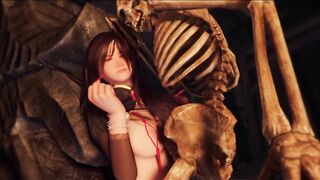 Asian chick fucks skeleton in dungeon