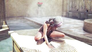 Streamer riding pink dildo in public bath