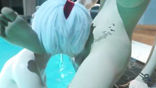 Hot futanari sex near pool - sexy girl sucks cock, and animation shemale fucks bitch and cum on her body