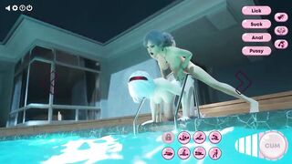 Hot futanari sex near pool - sexy girl sucks cock, and animation shemale fucks bitch and cum on her body