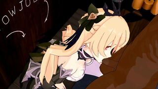 Genshin Impact Fischl BlowJob Hentai Blonde Girl Half Naked MMD 3D Dark Brown Clothes CE SMIXIX