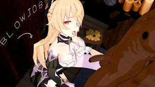 Genshin Impact Fischl BlowJob Hentai Blonde Girl Half Naked MMD 3D Dark Brown Clothes CE SMIXIX