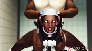 A sexy busty ebony gets fucked hard by a BBС. Jessica 5000 in action