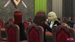 Naughty girls rubbing each other. Lesbians at the dinner table at Hogwarts. Hermione, Ginny and Luna