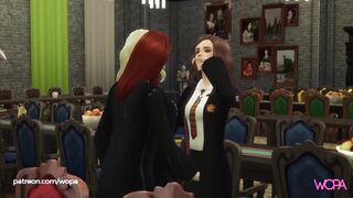 Naughty girls rubbing each other. Lesbians at the dinner table at Hogwarts. Hermione, Ginny and Luna
