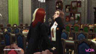 Naughty girls rubbing each other. Lesbians at the dinner table at Hogwarts. Hermione, Ginny and Luna