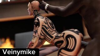 3D tattoo girl fucked from the back, made her boobs bounce
