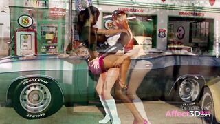 Big dick futanari babe fucking big tits babes at a gas station in a fantasy 3d animation
