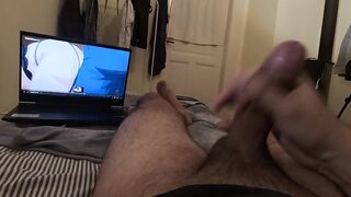 A horny handjob watching HENTAI