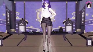 Genshin Impact - Raiden - Sexy Ofiice Pantyhose + Skirt Dance + Sex With Huge Cock