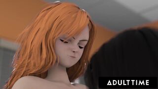 CUSTOMER SERVICE - Huge Tits Futanari Babe Creampies Boss With Her Big Cock To Save Her Employees