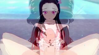 Nezuko Kamado cojiendo en la alberca en bikini