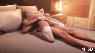 Blonde girl in white stocking fucking on bed