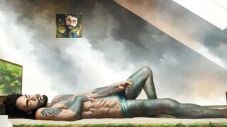 Tattooed hippie masturbating passionately in outer space *AI porn*