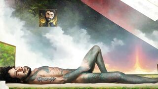 Tattooed hippie masturbating passionately in outer space *AI porn*