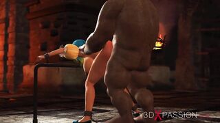 Big monster bangs a cuffed fantasy girl elf in the dungeon