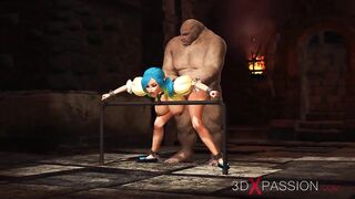 Big monster bangs a cuffed fantasy girl elf in the dungeon