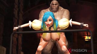 Big monster bangs a cuffed fantasy girl elf in the dungeon