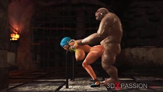 Big monster bangs a cuffed fantasy girl elf in the dungeon