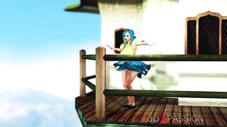 Big monster bangs a cuffed fantasy girl elf in the dungeon
