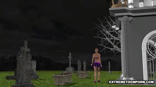 3D Babe Gets Double Penetration in a Graveyard