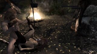 Horny Khajiit uses magic to fuck group of hunters