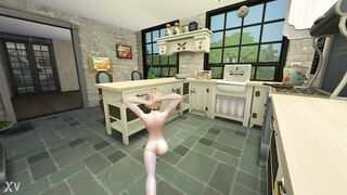 Horny girl touches herself in the kitchen