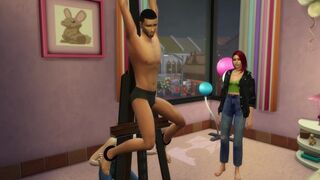 Two lesbians tie up and tickle a boy