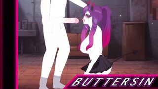 Goth slut deepthroats massive dick