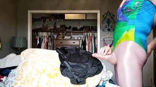 Swimsuit GIRL DICK watery cumshot in tight spandex shiny pantyhose leggings $$$