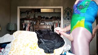 Swimsuit GIRL DICK watery cumshot in tight spandex shiny pantyhose leggings $$$