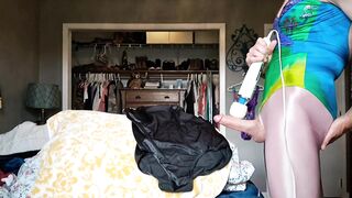 Swimsuit GIRL DICK watery cumshot in tight spandex shiny pantyhose leggings $$$