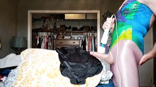 Swimsuit GIRL DICK watery cumshot in tight spandex shiny pantyhose leggings $$$