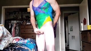 Swimsuit GIRL DICK watery cumshot in tight spandex shiny pantyhose leggings $$$