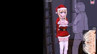 Hot blonde in santa claus vest having sex with a man in hentai game