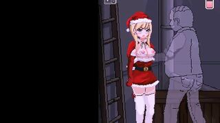 Hot blonde in santa claus vest having sex with a man in hentai game