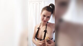 MESSY HOT GIRL PLAYS WITH A CREAM CAKE IN HER BRA