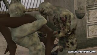 3D Ebony Babe Double Teamed by Zombies